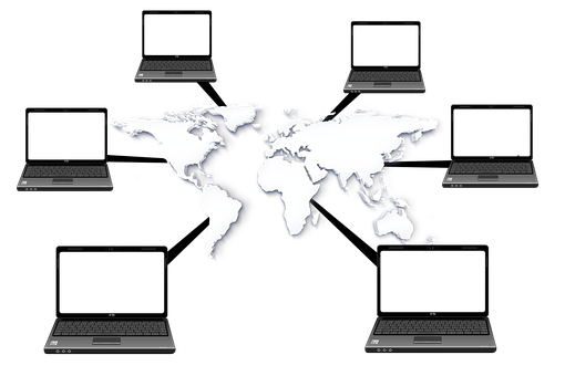 Plusieurs ordinateurs portables qui e rapportent à une carte du monde entier - Société à Responsabilité Limitée - Buro Services 