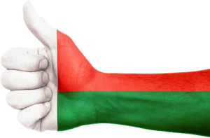 une main colorée comme le drapeau de Madagascar, faisant un signe d'aimer - délocalisation offshore à Madagascar - Buro Services