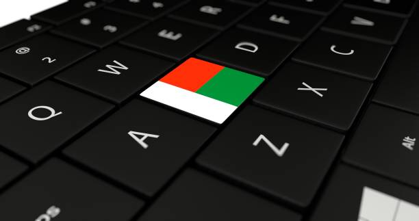 Rendu 3D gros plan du bouton drapeau de Madagascar sur le clavier d'un ordinateur portable-externalisation offshore à Madagscar-Buroservices