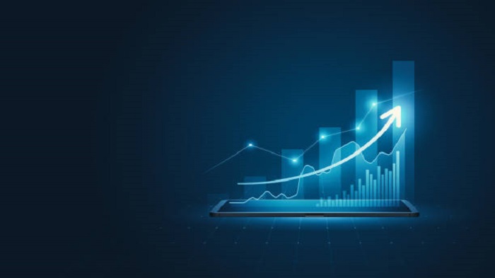Graphique financier en 3D représentant une flèche de croissance virtuelle - société de portage salarial - Buro Services